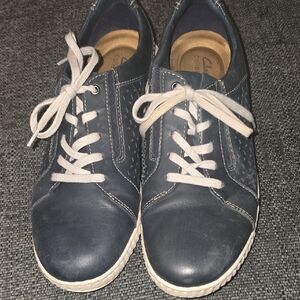 Clarks Navy Blue Leather Sneakers with White Laces